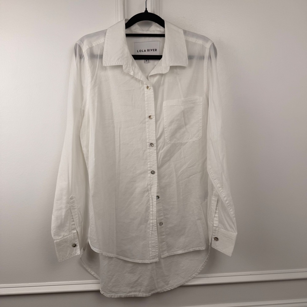Lola River Womens White Cotton Modal Button Down Shirt High Low Hem Size M